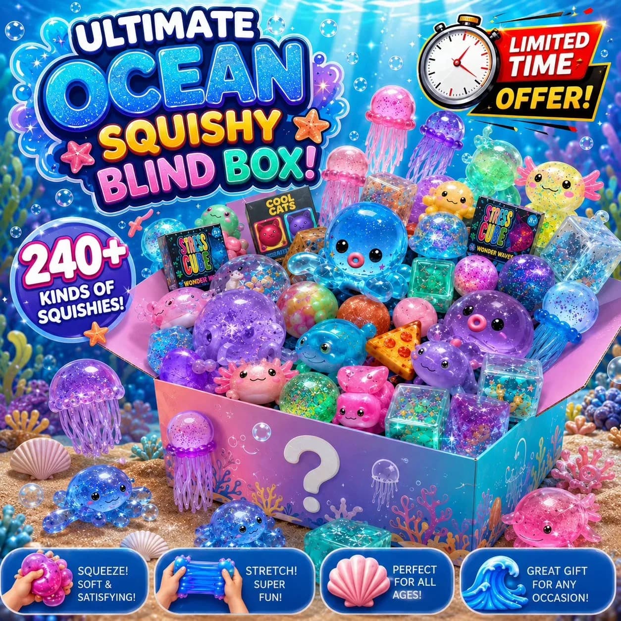 Ultimate Ocean Themed Squishy Blind Box, Kawaii Glitter Jellyfish & Octopus Squeeze Toys, Transparent Sparkly Slow Rising Sensory Decompression Toy, 240+ Assorted Styles Surprise Mystery Set, Soft Stretchy Satisfying Tactile Stress Relief Fidget Toy