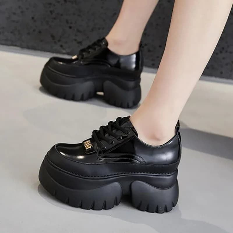 New Women's Leather Sneakers 2026 High Platform Lace-up Casual Mary Jane Shoes Thick Sole 9CM Heels Walking Shoes Zapatos Mujer