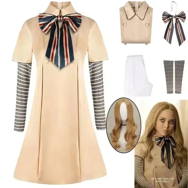 M3GAN Cosplay Costume Women's Children's Red Brown Wig Set Full Dress horror movie Character Halloween party Vintage style