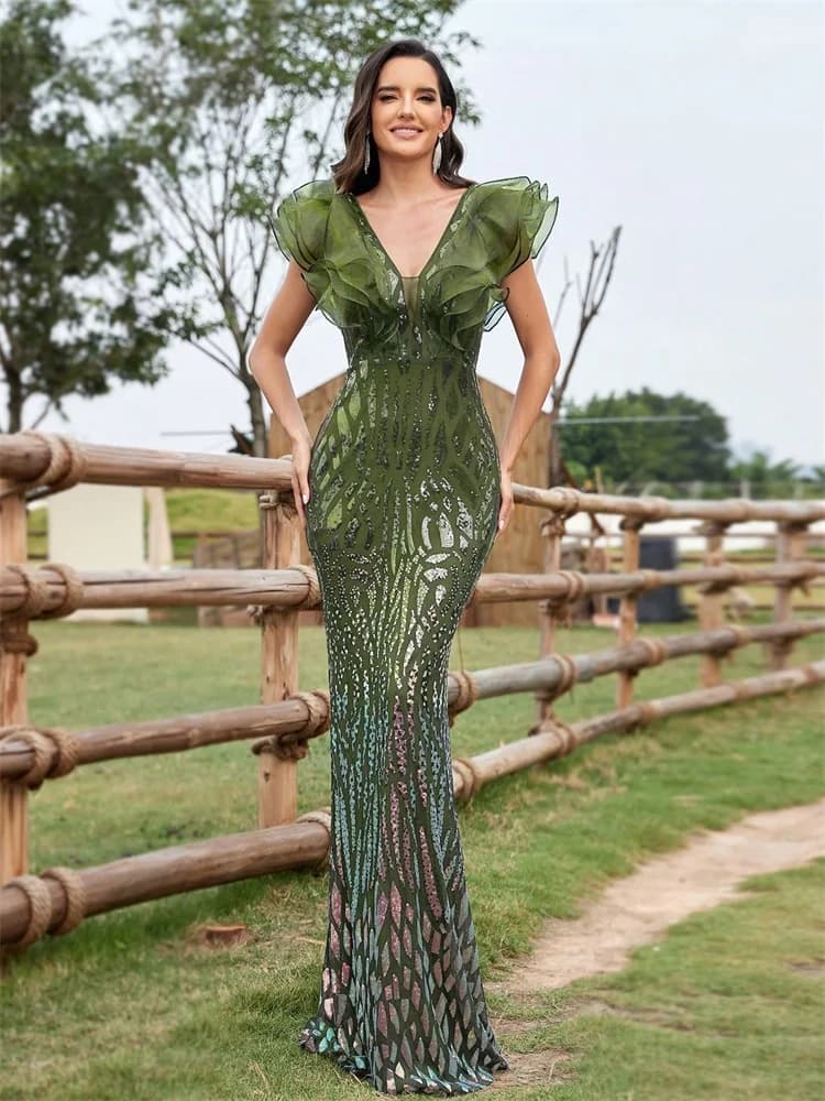 Eleganti abiti da sera neri da donna 2025 Abito da cocktail per festa di nozze con scollo a V e paillettes formali a sirena lunga di lusso