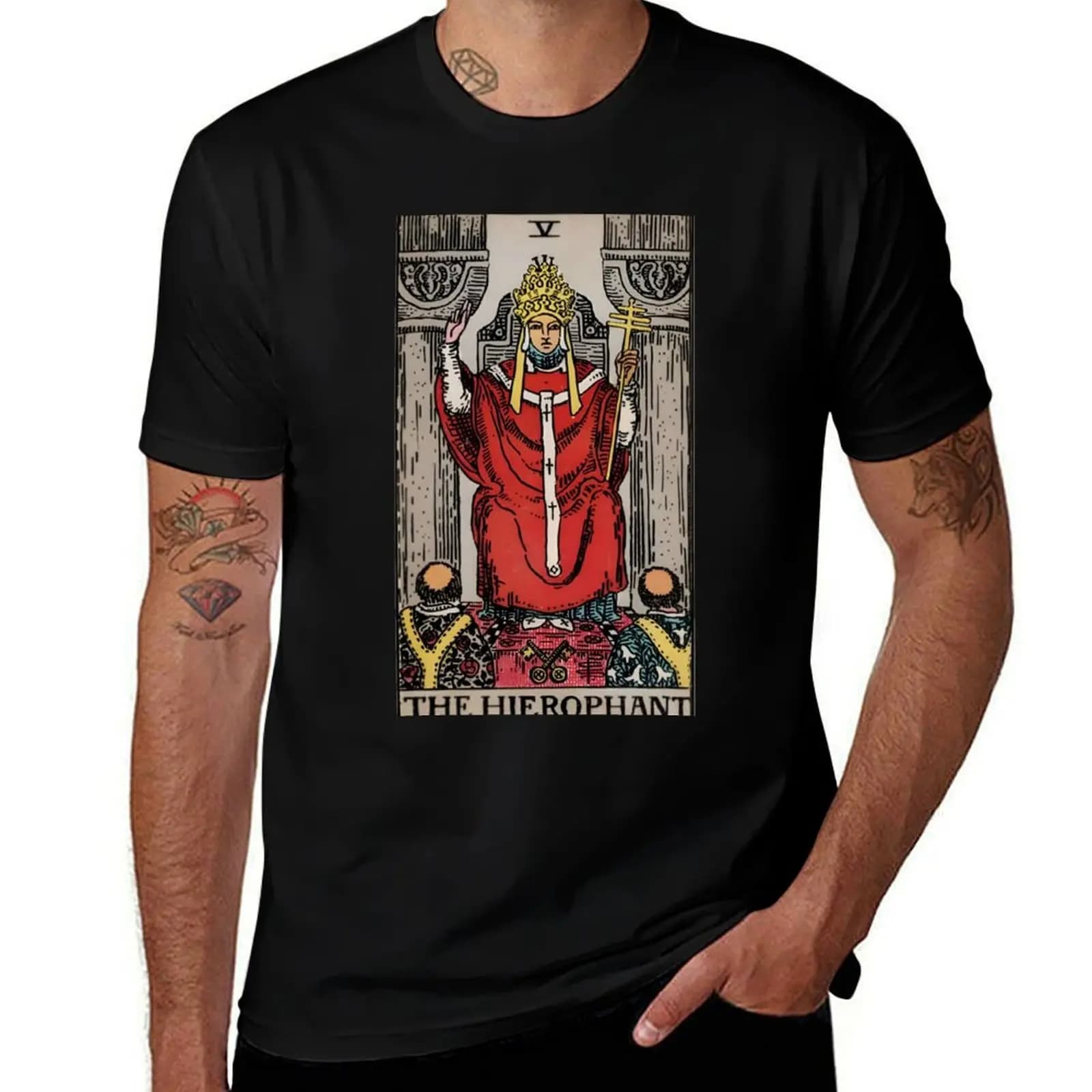 T-shirt con stampa artistica minimalista della carta dei Tarocchi The Hierophant Rider