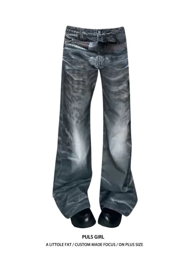 Retro American Washed Large Size Women's Jeans High Waist Loose Wide Leg Pants Casual Style Printed Old Fashioned Belt