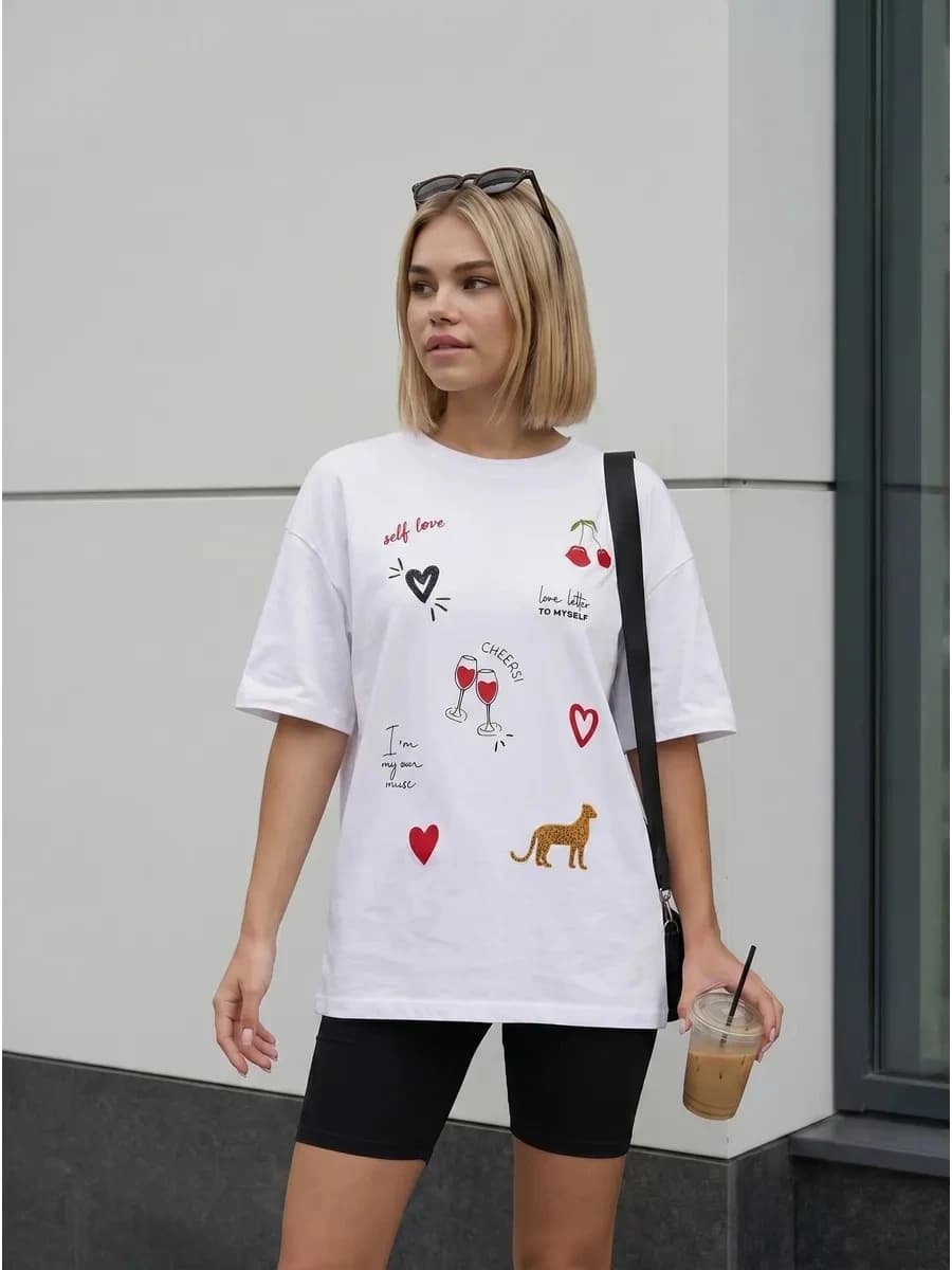Fashionable Loose Printed Short Sleeve T-Shirt Casual Top Women's Cotton round Neck Sweat Absorbent Summer 2026 Commute Style