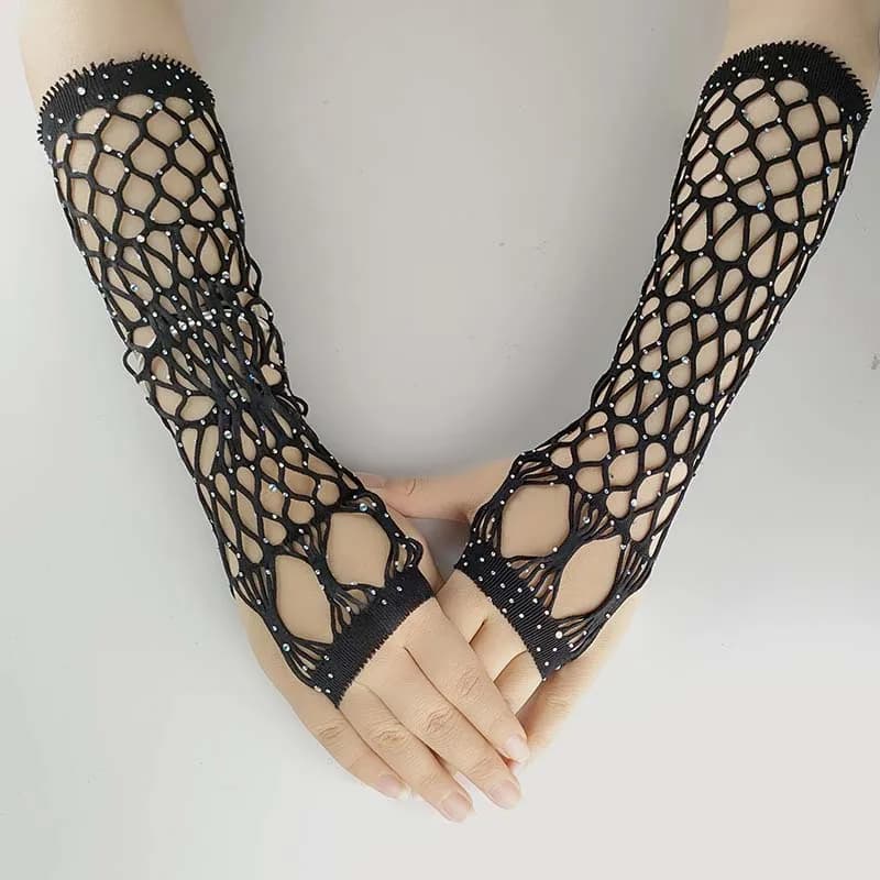 Abito da sposa sexy da sposa, abito da ballo, trapano a caldo, dito, sole, rete da pesca, guanto da donna, guanto con strass in pizzo a rete