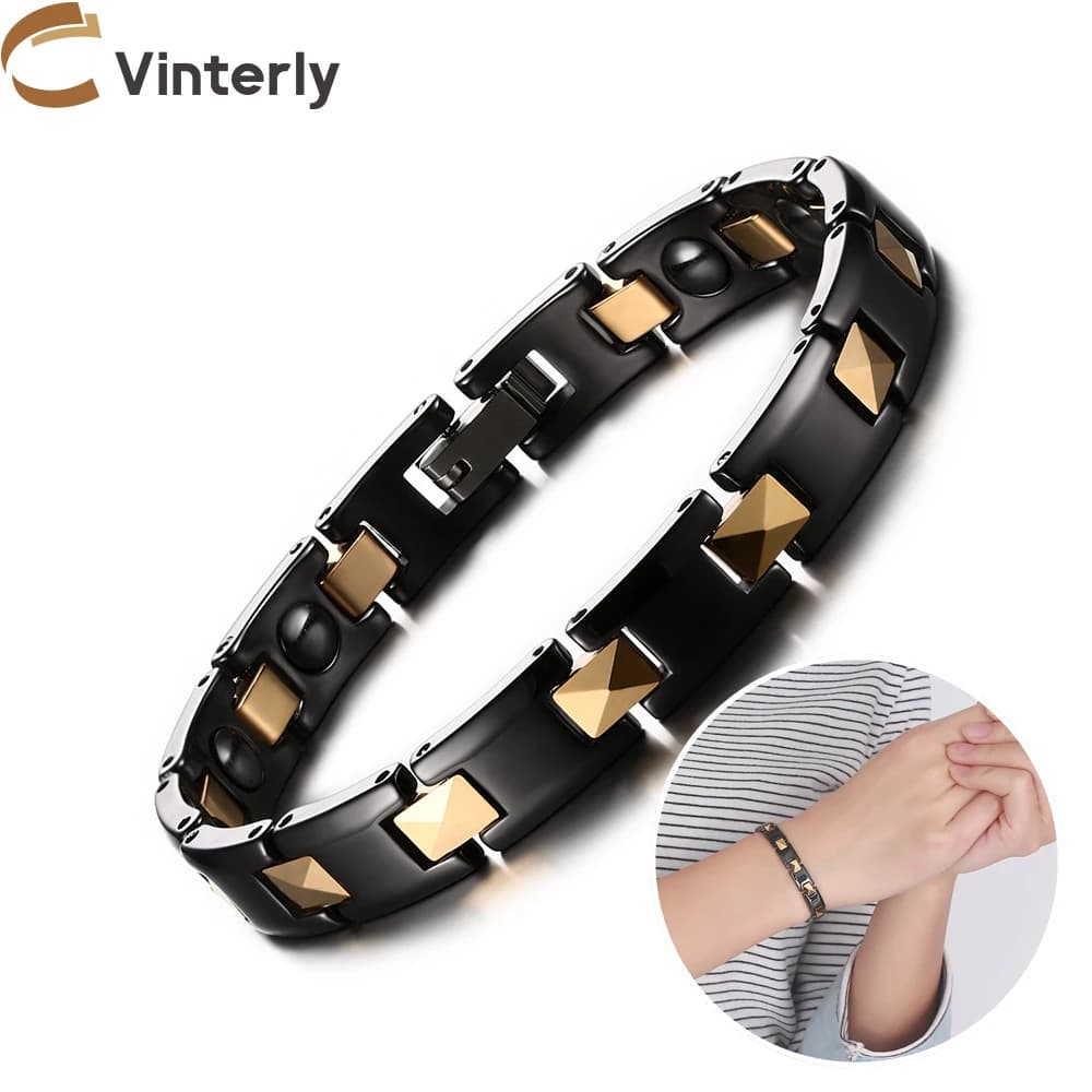 Bracciale a Catena Vinterly Nero e Oro 7mm in Ceramica con Ematite Magnetica per la Salute e l'Energia, Gioielli Impermeabili per Donne