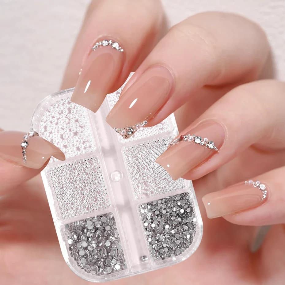 Set of 6 Grills with 3D Nail Art Strass, Round Bianche Beads, Nail Decorations, Steel Beads, Gems, Nail Art Accessories