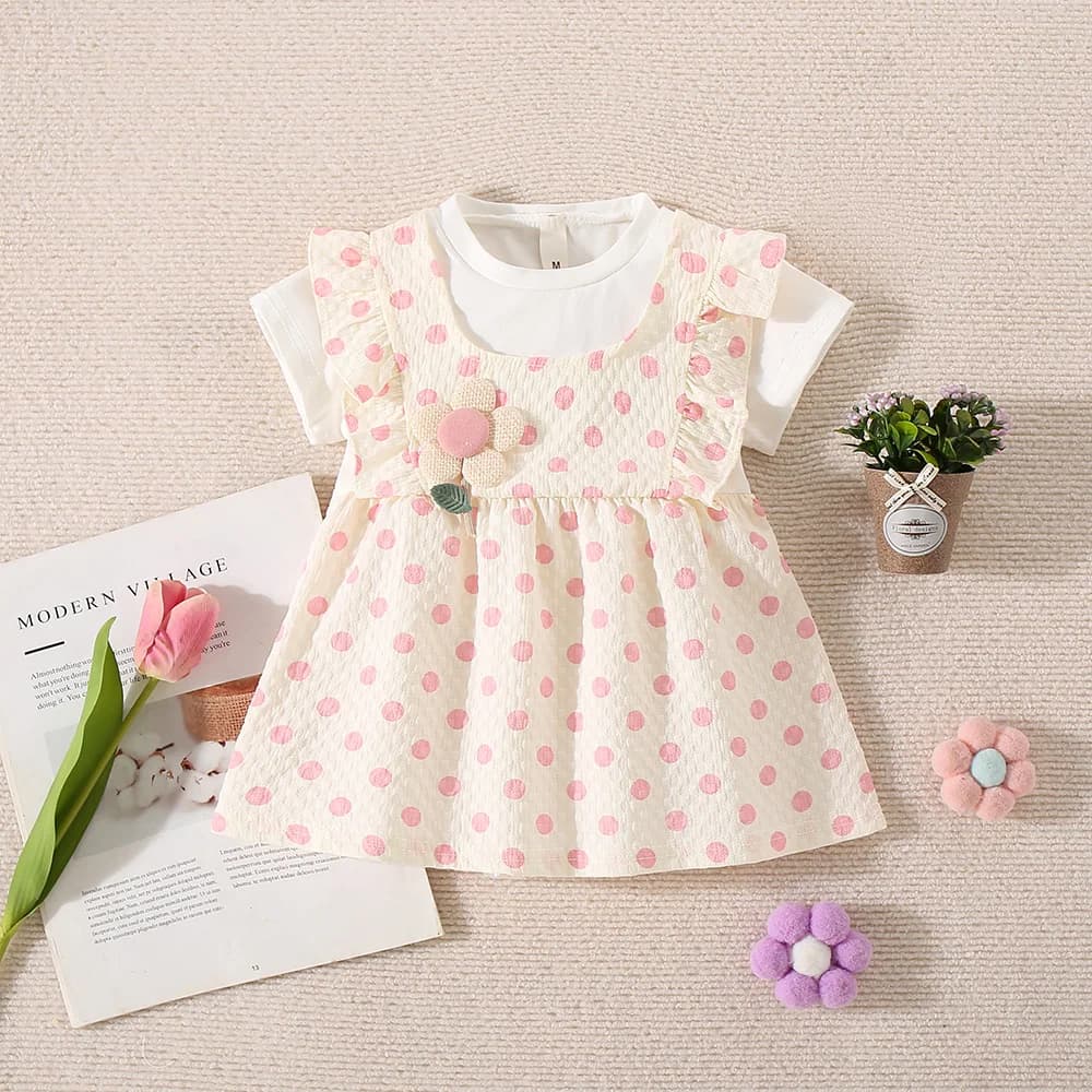 Baby Girl Pink Dress Flower Decoration Polka Dot Printed Short Sleeved Dress Girl Summer Casual Outing Clothing
