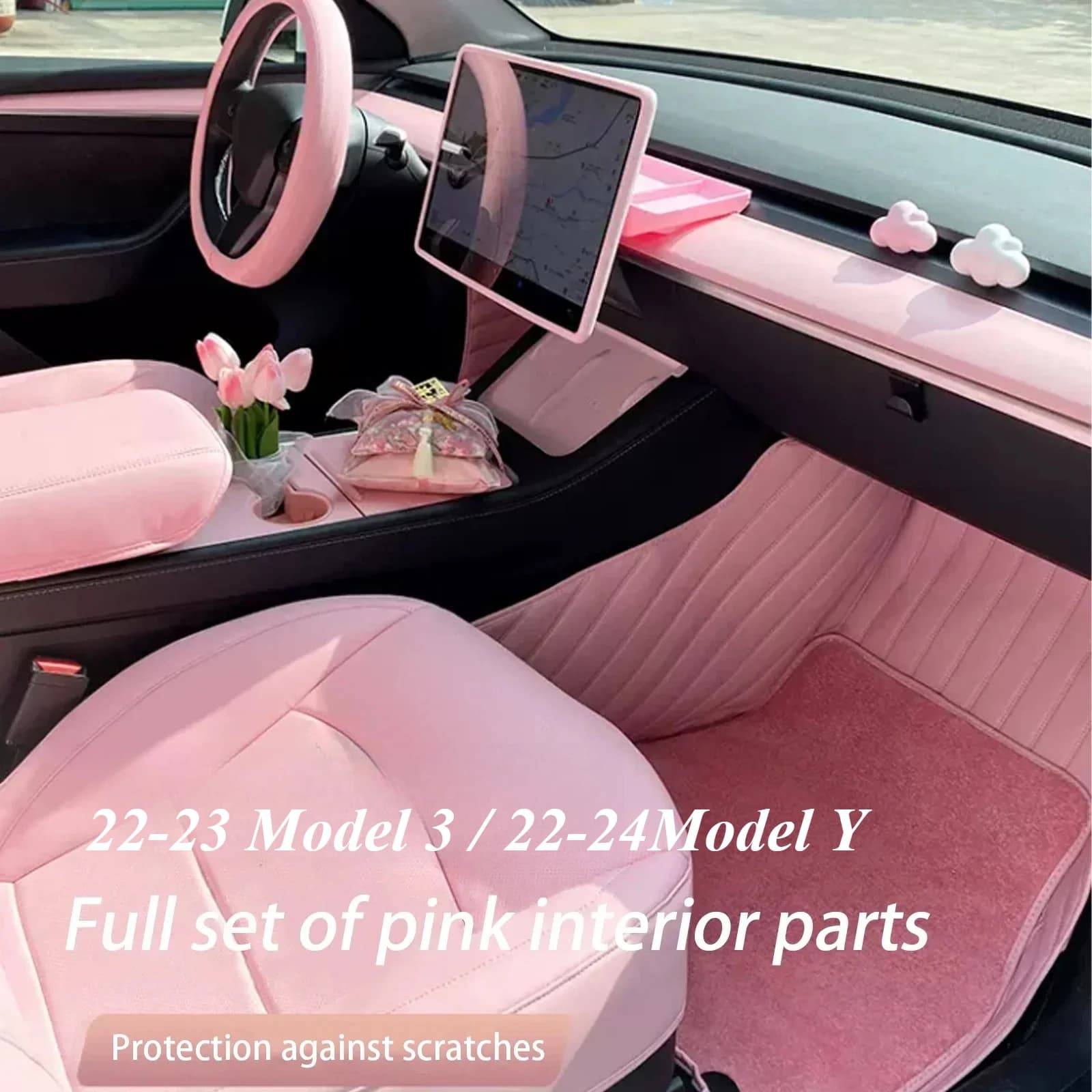 Per Tesla Model 3 Y Scatola portaoggetti per console centrale rosa Rivestimento protettivo Schermo del volante Copertura laterale Bracciolo Limitatore tazza d'acqua