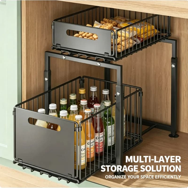 Organizzatore Estraibile a 2 Livelli per Sotto Lavello, Cestello Scorrevole per Armadio da Cucina, Ripiano Portaoggetti per Spezie, Bottiglie, Lattine e Snack