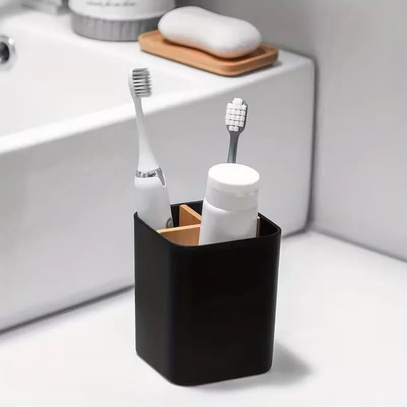 Bathroom organizer with three compartments for brushes and toothpaste, also suitable for electric brushes