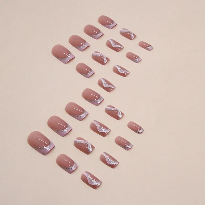 Medium and long European square pink and white striped nail art, sweet European and American ins style fake nail nail art
