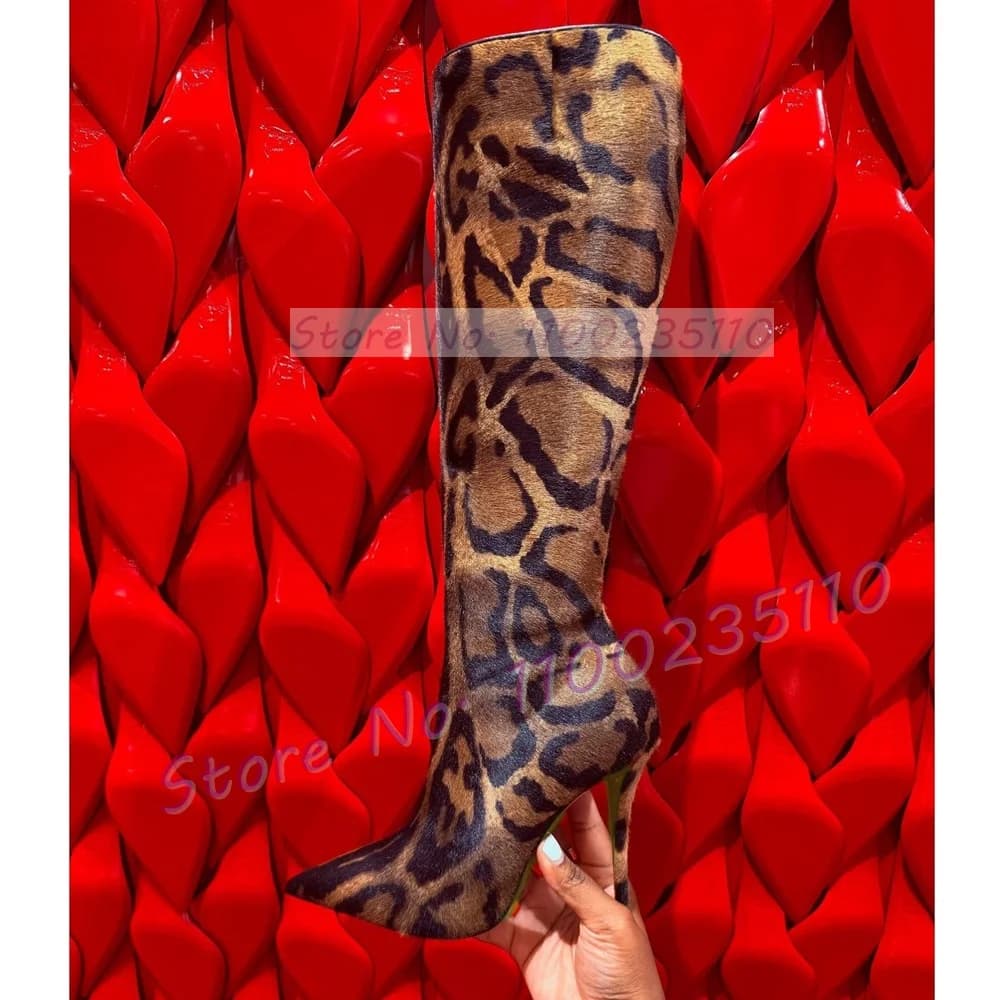 Women's Knee Boots with Leopard print in fake horsehair, fashionable, pointed, catwalk shoes, elegant, with side zipper, slim