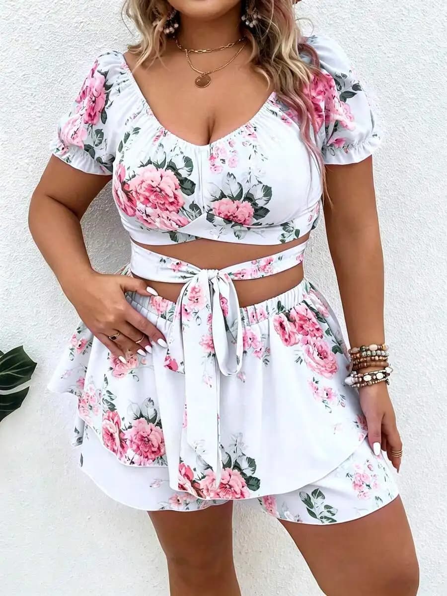 Floral Print Two Piece Set White Boho Crop Top And Shorts Summer Beach Outfit