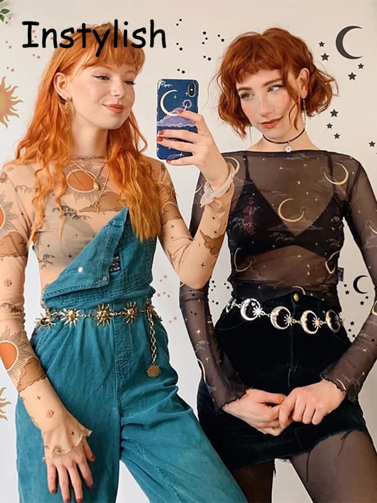 Y2K Vintage Harajuku Stampa Maglia T Shirt Donna Elegante Manica Lunga O Collo Estate Prospettiva Trasparente Crop Top Camicetta Casual Tee