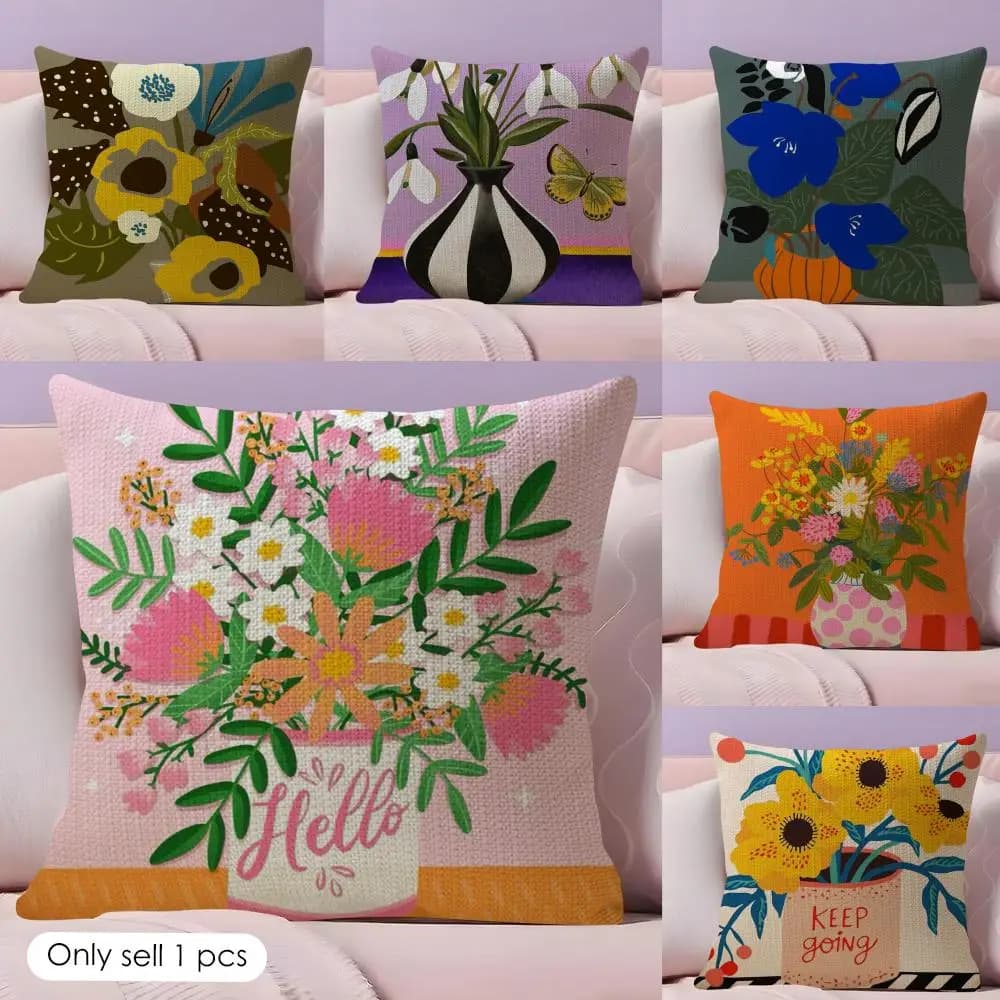Fodera per cuscino artistica con piante in vaso, federa in lino naturale, stampa fronte-retro, decorativa per divano, regalo per l'arredamento della casa