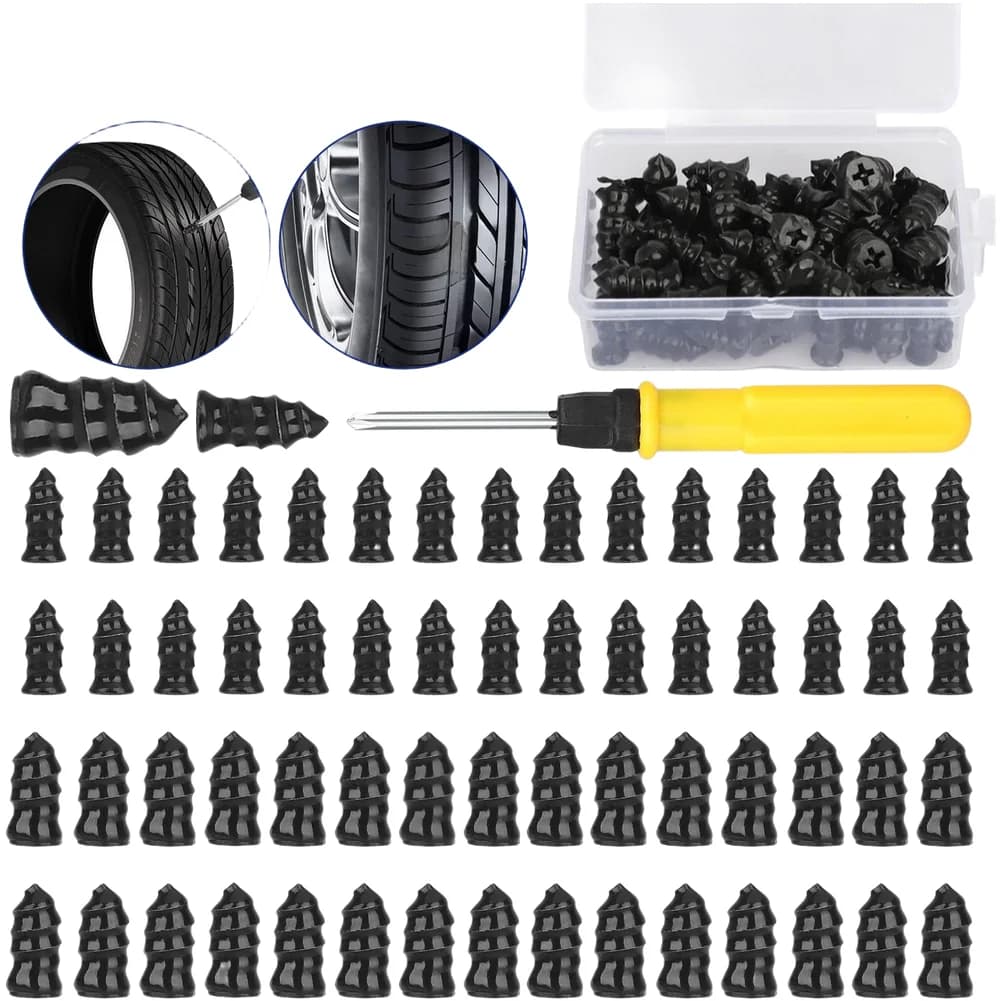 Kit di 60 Pezzi per Riparazione Pneumatici Auto, Viti in Gomma, Colla e Chiodi per Auto, Moto, Camion e Biciclette