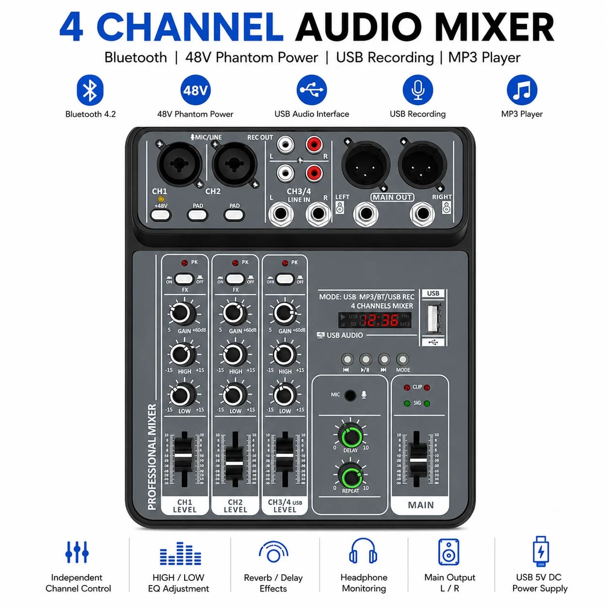 4 Channel USB Audio Mixer with Bluetooth, 48V Phantom Power & USB Recording for Karaoke, DJ & Podcast