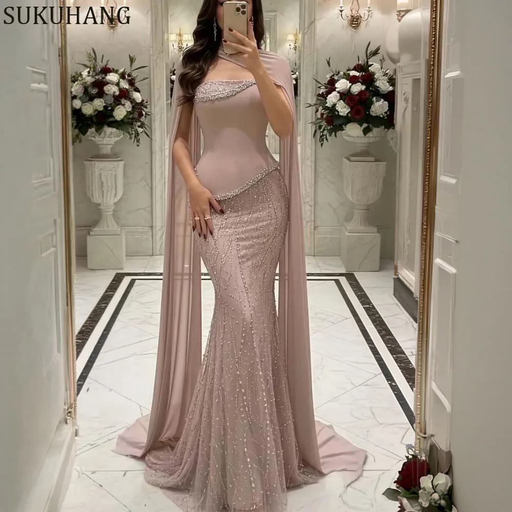 Elegant Mermaid Beaded Evening Dress Strapless prom Dress with Scarf Long Formal Party Gowns Customized