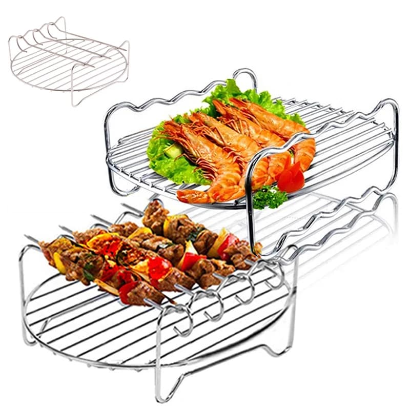 Air Frying Rack Kit with 3 Skewers Stainless Steel Support Double Layer Grid Oven Tray Spare Barbecue Kitchen Tools
