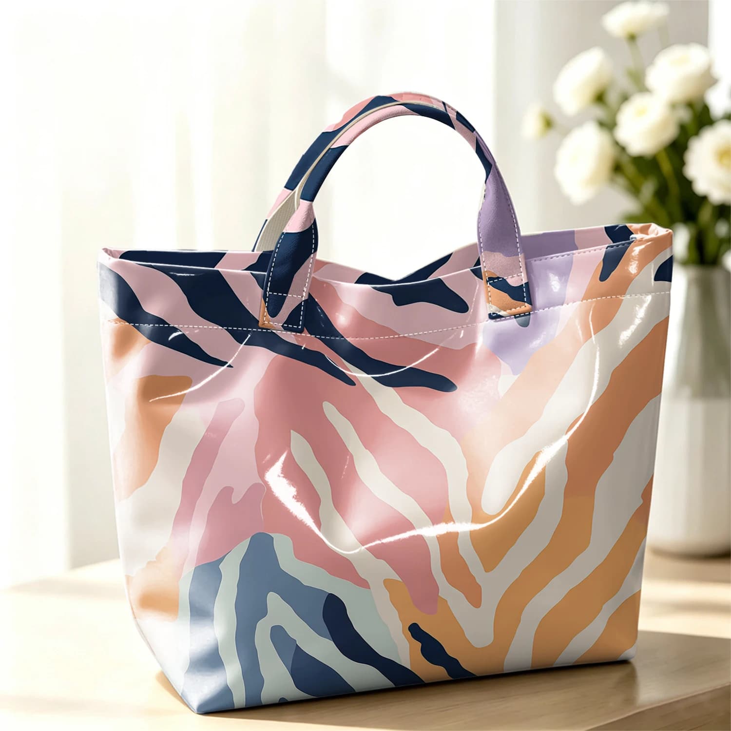 Pastel Zebra Stripes Fashion Large Glossy PVC Tote Bag Hand Washable Waterproof Perfect Travel Commute Cosmetic Storage Shopper