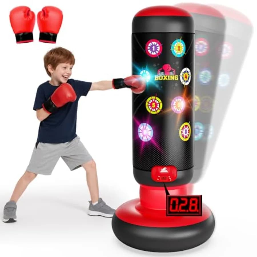 ' punching bag for home play, PVC inflatable with LED lights and music, blue-red color, 4 interactive game modes with scoring s