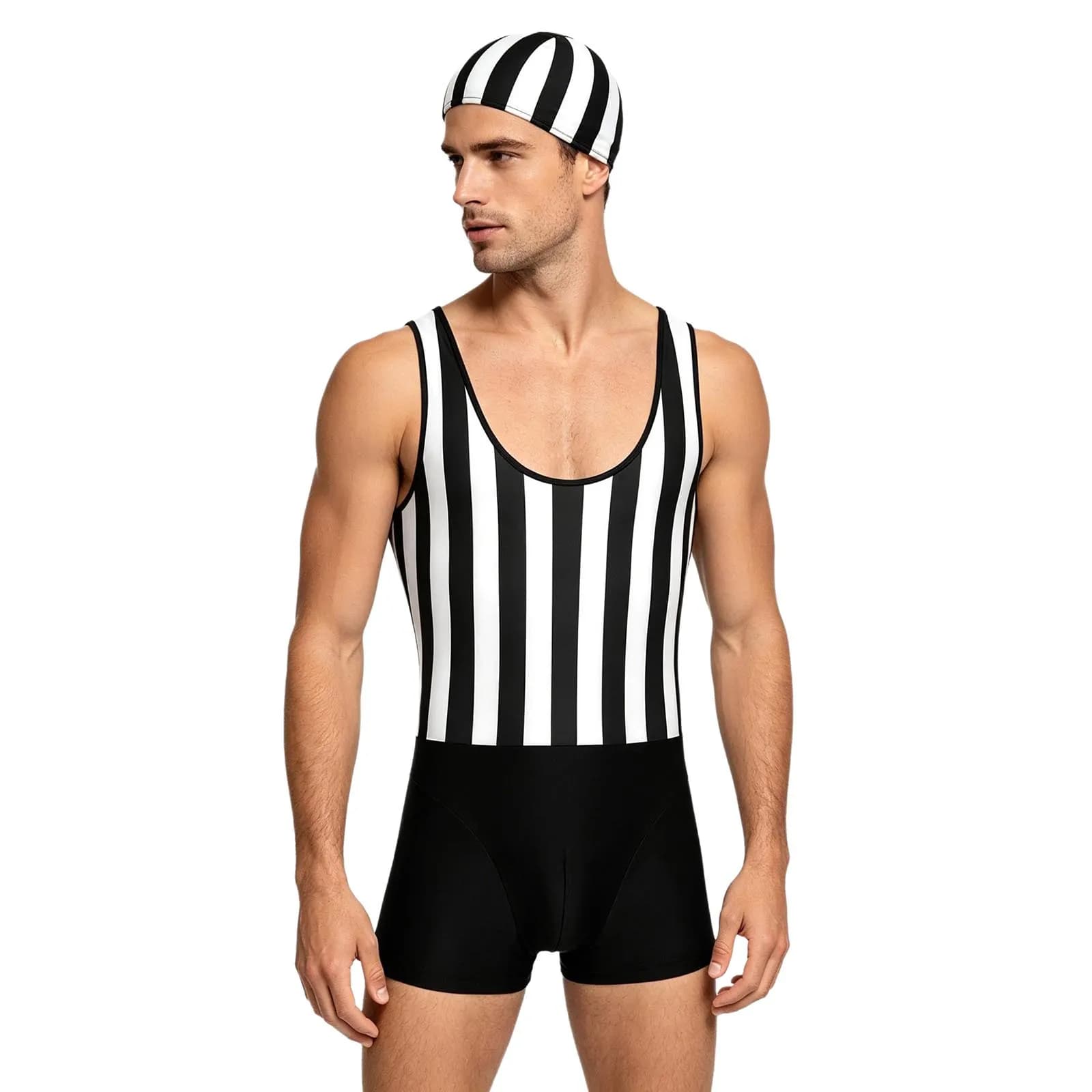 Costume da bagno intero da uomo a righe ad asciugatura rapida con cappuccio, senza maniche, elasticizzato, per wrestling, sport e fitness