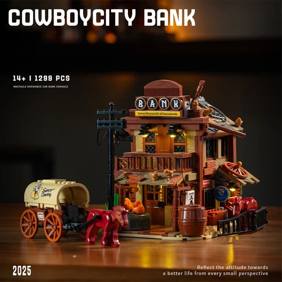 American Western Cowboy City Bank Building Blocks Stagecoach Street View Mattoni con giocattoli leggeri per assemblaggio di regali per bambini adulti