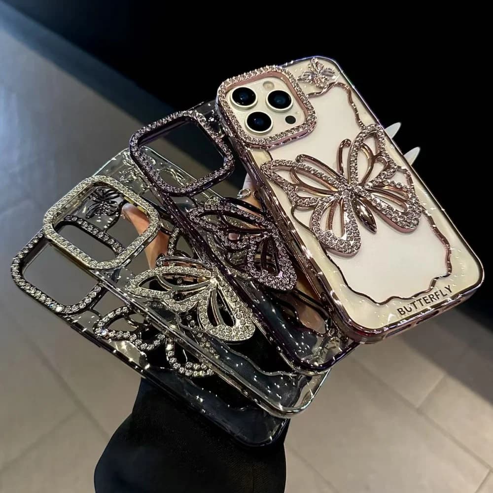 Custodia trasparente con farfalla piena di diamanti per iPhone 17 Air 16 15 14 13 12 Pro Max Plus 17Pro Cover estetica con strass lucidi