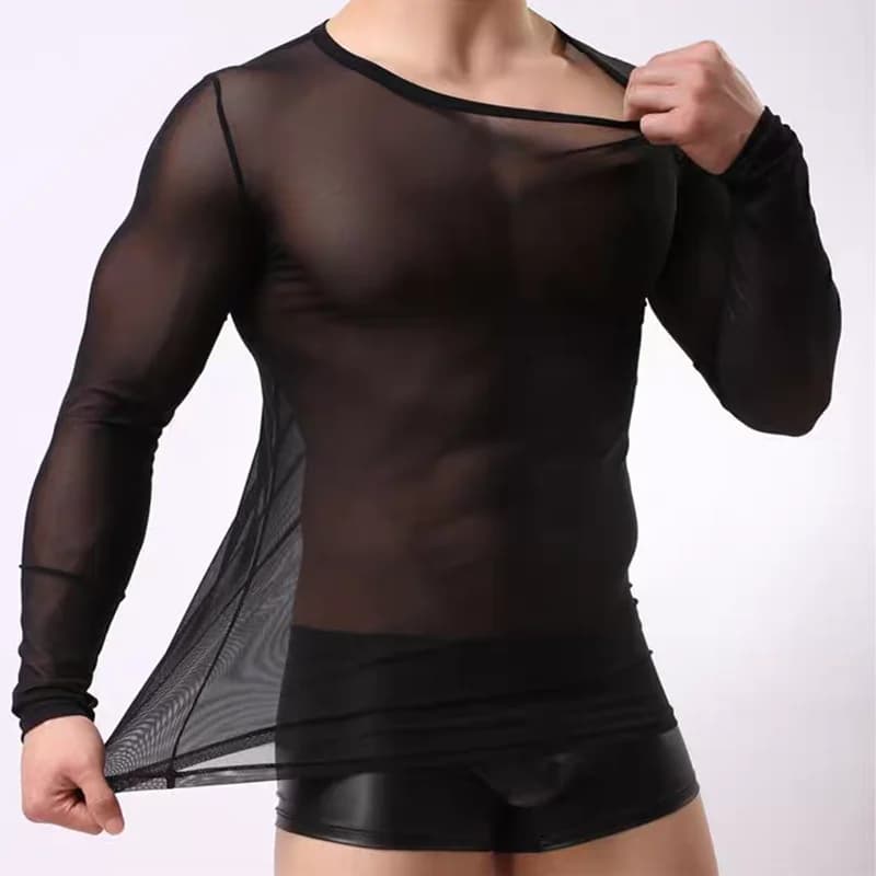 Maglietta Trasparente Sexy a Maniche Lunghe con Collo Rotondo per Uomo, Intimo in Rete, Pigiama Sexy, Sottoveste da Uomo per Discoteche