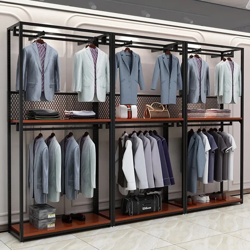 Exhibitor for clothing store, clothes racks from floor to ceiling, men's clothing store, wrought iron display, clothes and pants r