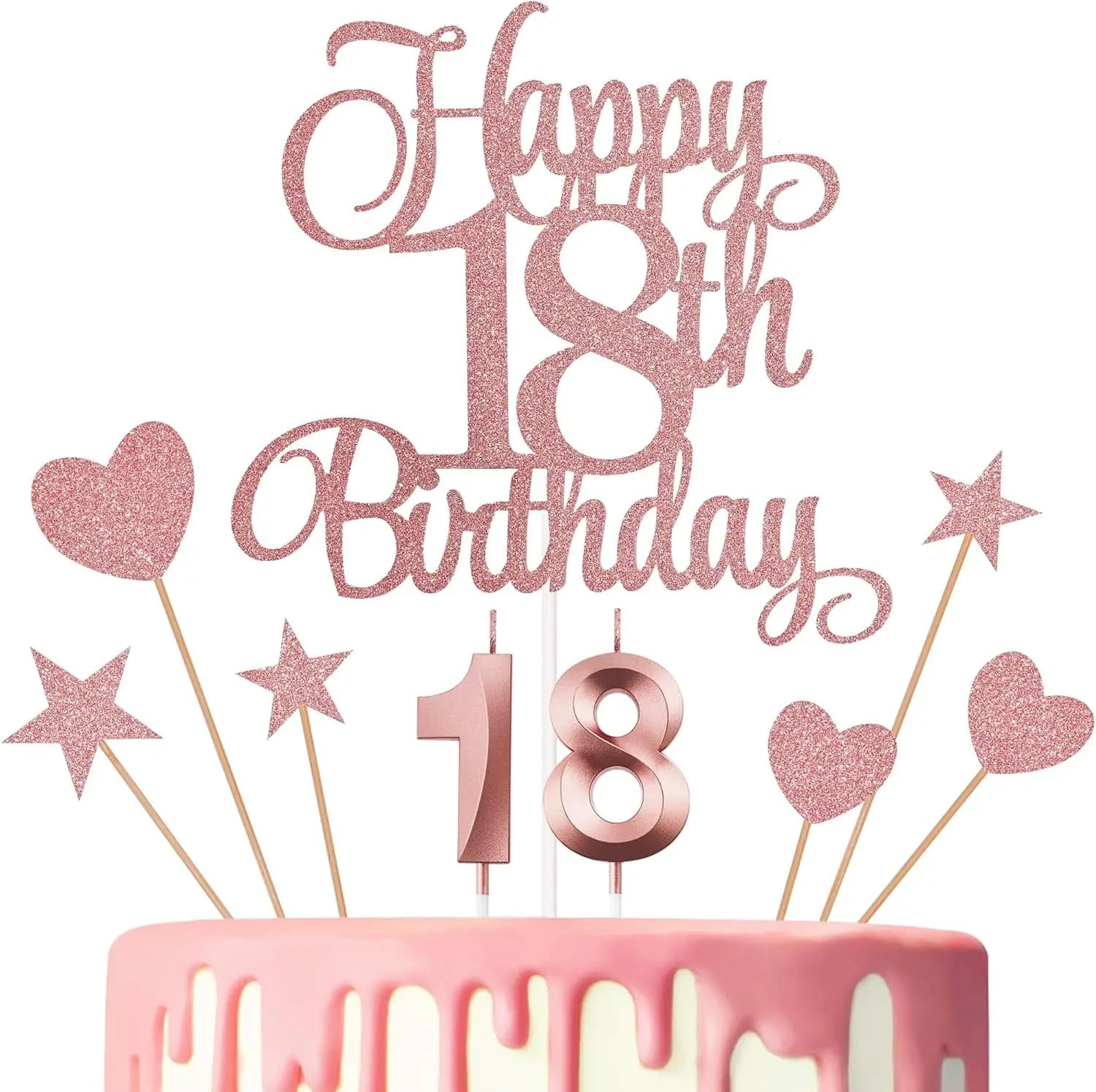 Set Decorazioni per Torta 18° Compleanno: Topper Glitterati e Candeline Numeriche, Oro Rosa