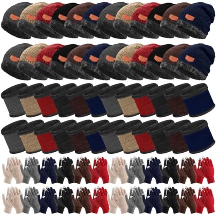 Liitrsh Set di 72 Pezzi: Cappelli, Guanti e Sciarpe Invernali per Senzatetto, Berretti Foderati in Pile, Scaldacollo per Uomo e Donna, Multicolore
