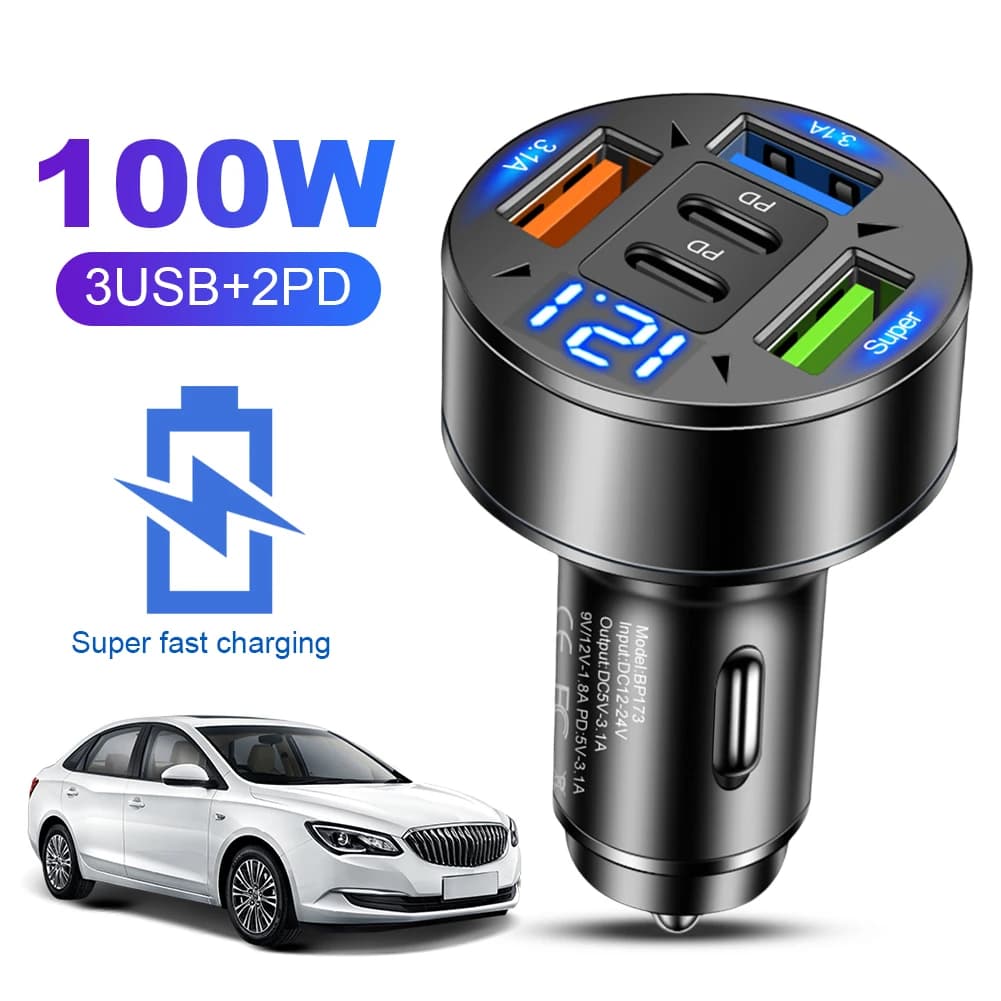 Caricabatteria per auto da 100 W 5 porte Ricarica rapida PD QC3.0 Adattatore per caricabatteria per telefono per auto USB C con tensione 12 V-24 V Accendisigari per auto