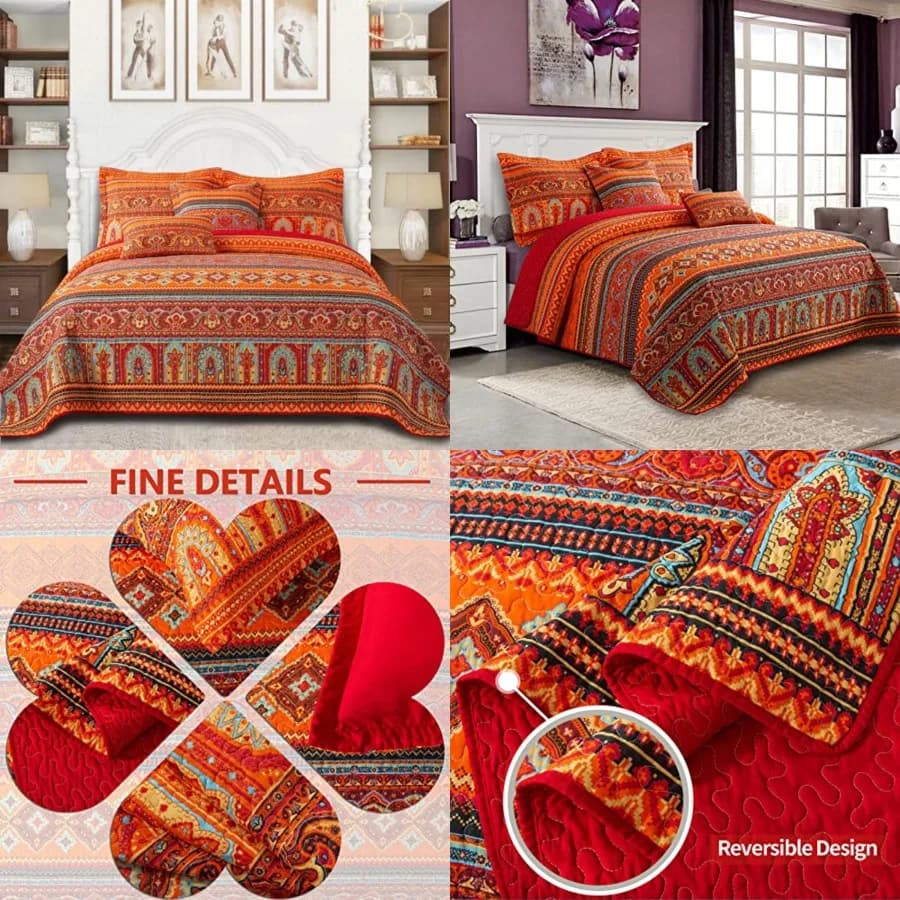 Set di Biancheria da Letto in Cotone per Letto King Size - Set di 3 Pezzi, Trapuntati Boho King Size, Copriletto Leggero Reversibile B
