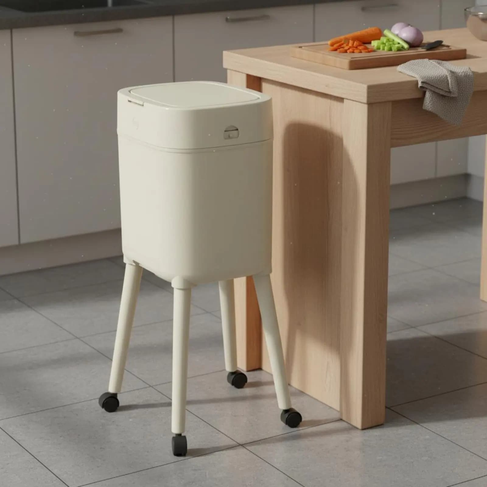 Cestino per Rifiuti Alto con Gambe, Facile da Pulire, Contenitore per Spazzatura Rialzato su Ruote, Bidone Mobile con Coperchio e Ampia Apertura