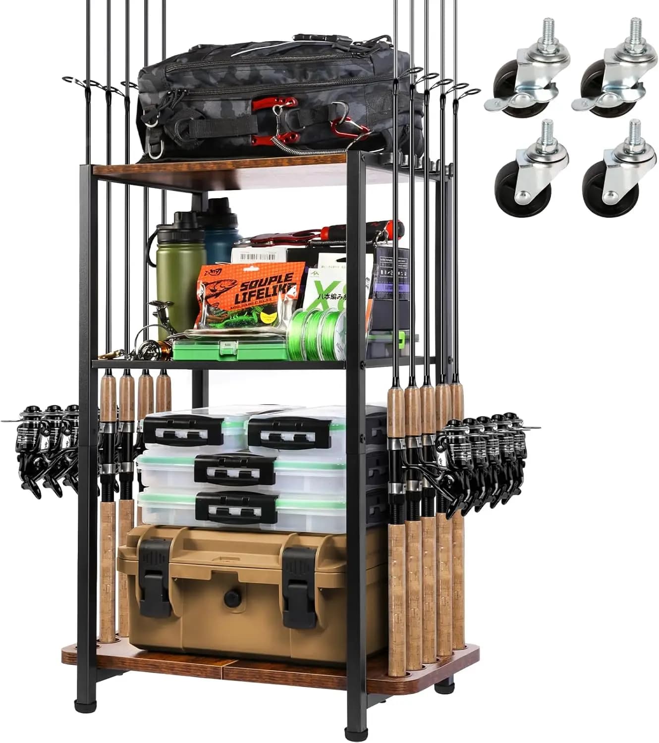 Fishing rack for garage storage, can hold up to 10 barrels and equipment