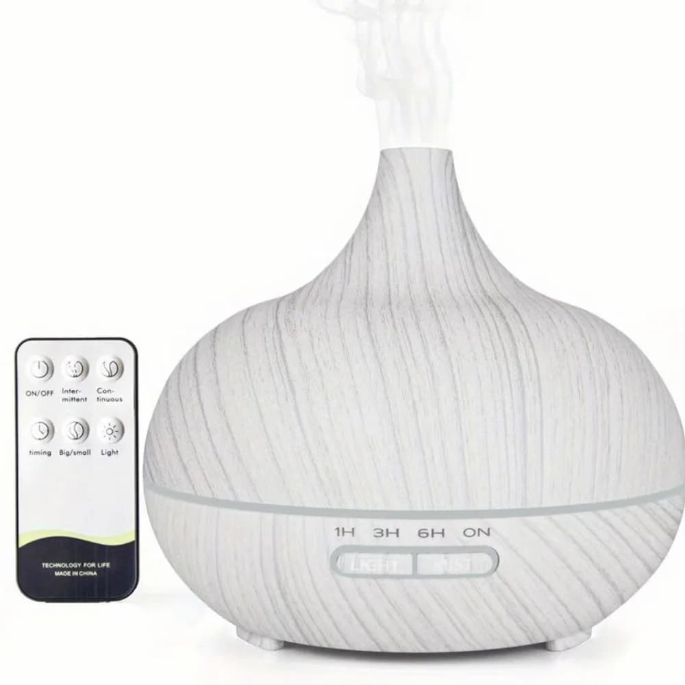 Umidificatore a nebbia fredda ad ultrasuoni con telecomando Diffusore per aromaterapia con venature del legno bianco da 500 ml - Luce LED a 7 colori per l'home office
