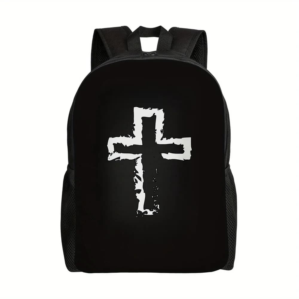 White women's backpack with cross pattern, large capacity, college style, adjustable light shoulder strap, polyester lined zip