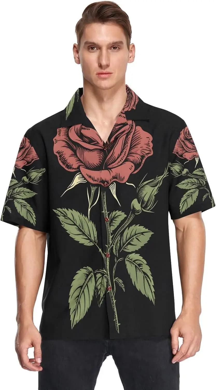 Red Rose Flower Black Men's Hawaiian Shirt Short Sleeve Button Down Summer Beach Casual Shirt S