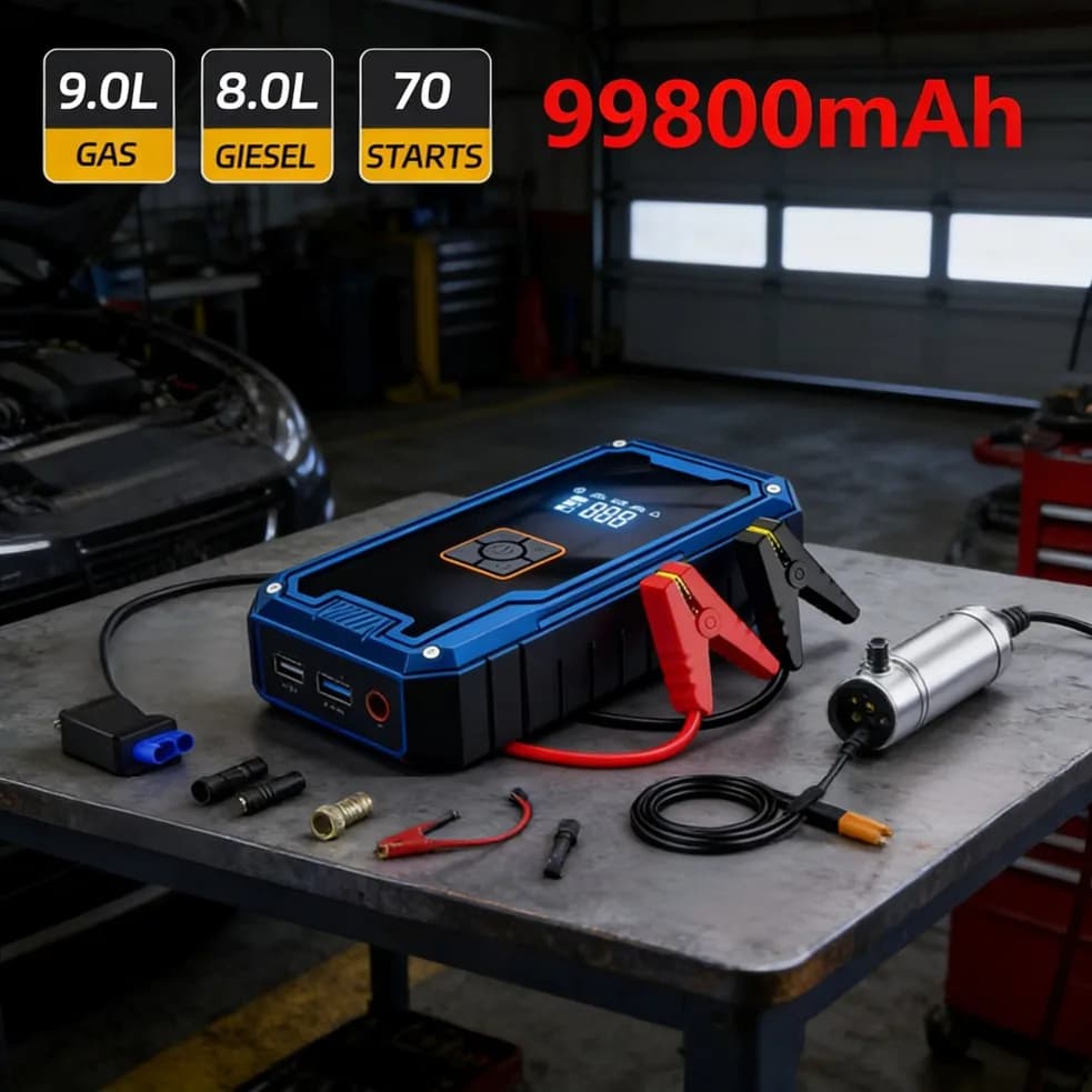 Avviatore di Emergenza per Auto con Compressore d'Aria, Avviatore Batteria Auto 99800mAh, Jump Starter Portatile 12V con Torcia e Cavi di Avviamento
