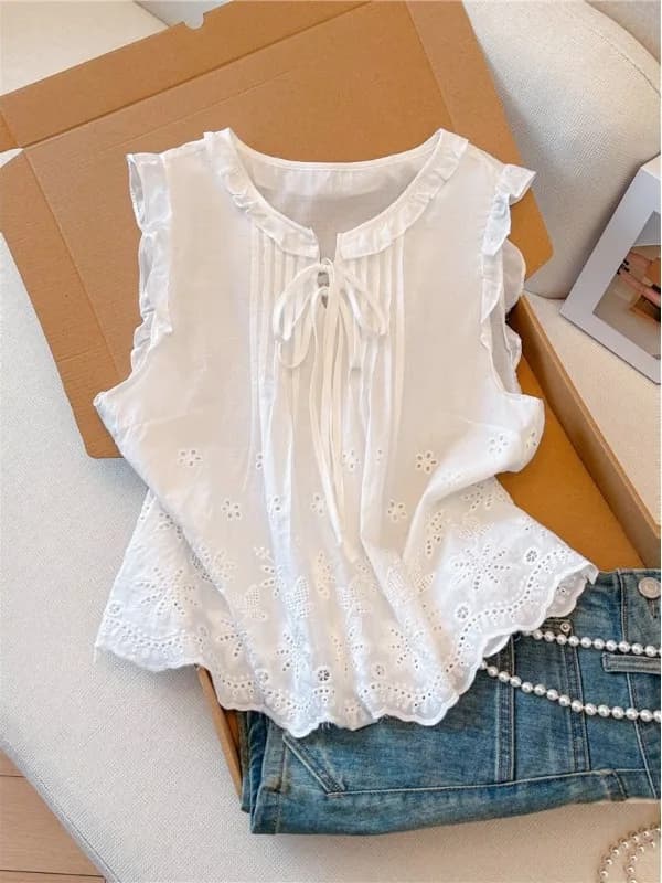 Camicia da donna unica e bella, design estivo, senza maniche, con cintura, colletto a rete, top corto, traspirante, in fibra di poliestere