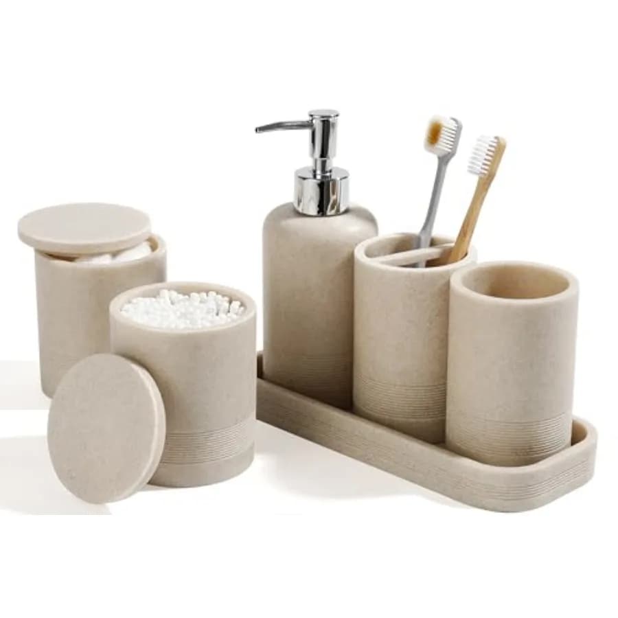 Set di Accessori per il Bagno 6 Pezzi: Portaspazzolini, Dispenser Sapone, Vassoio da Toilette, Bicchiere, Porta Bastoncini di Cotone