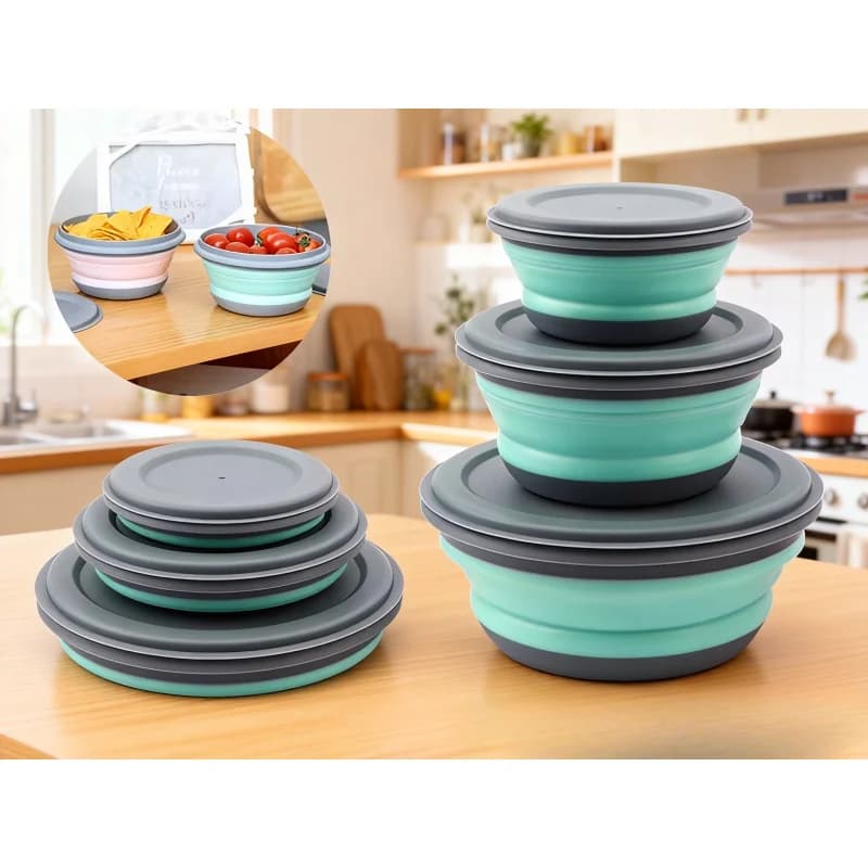 Set di 3 ciotole pieghevoli portatili in silicone con coperchio, contenitori per alimenti da campeggio, ciotole pieghevoli per insalata
