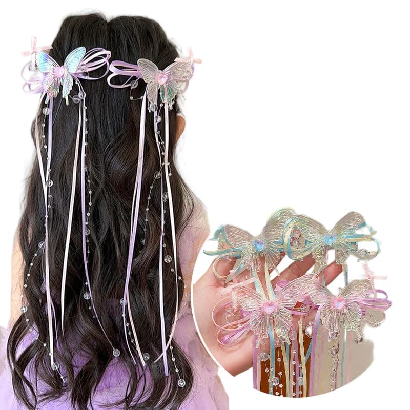 Ragazze carino elegante farfalla colorata maglia fiocco nastro fermaglio per capelli perline nappa decorazione di cristallo copricapo per bambini in festa