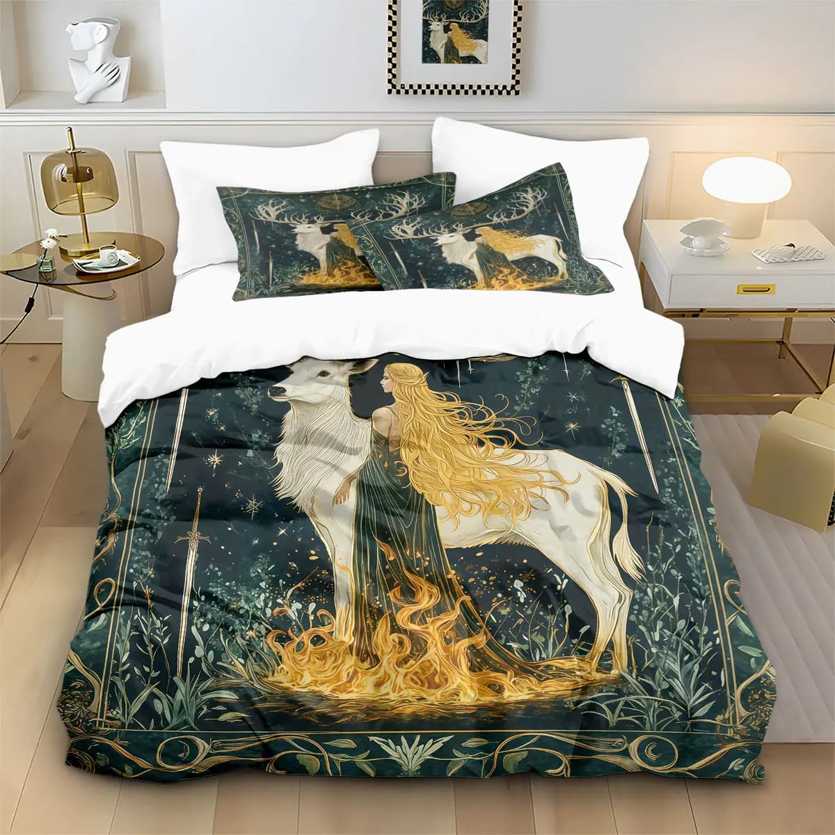 Set copripiumino imbottito senza nucleo stampato con renna Sacra Saint da 3 pezzi, comoda decorazione per biancheria da letto per camera da letto, lavabile in lavatrice