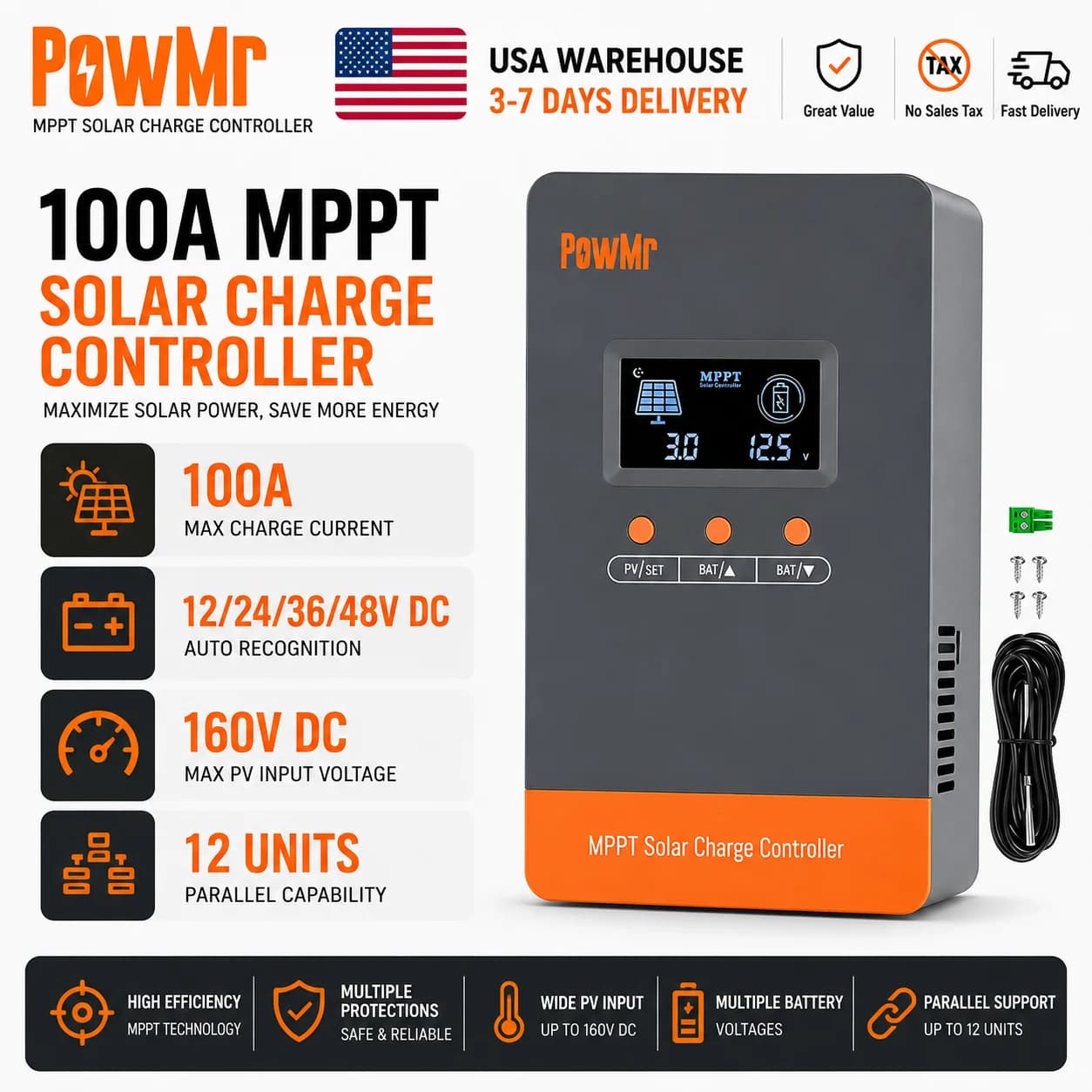 PowMr 100A MPPT Solar Charge Controller Compatible With 12/24/36/48V Lead Acid LiFePO4 Lithium Battery Max PV 160V Solar Panel Input Overvoltage Overload Protection Regulator 99.9% Tracking Efficiency Can Parallel 12 Units