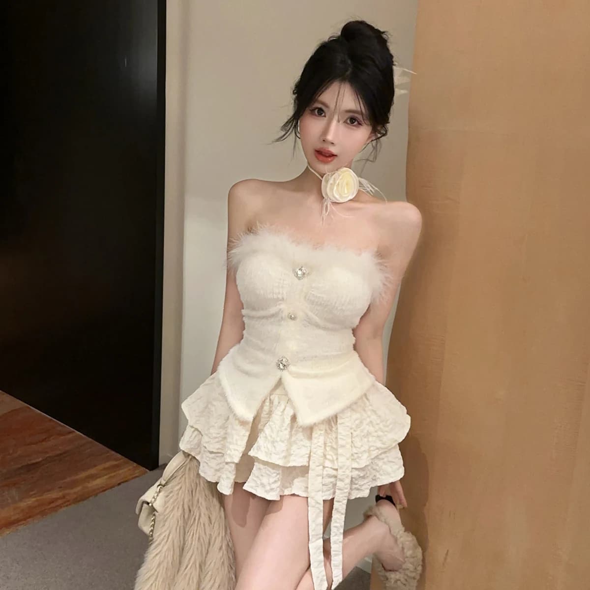 Pure Desire Sexy Fairy Splice Design Sensual Tube Top with Knot Puffy Cake ort Skirt Set Women's Faion Ensemble