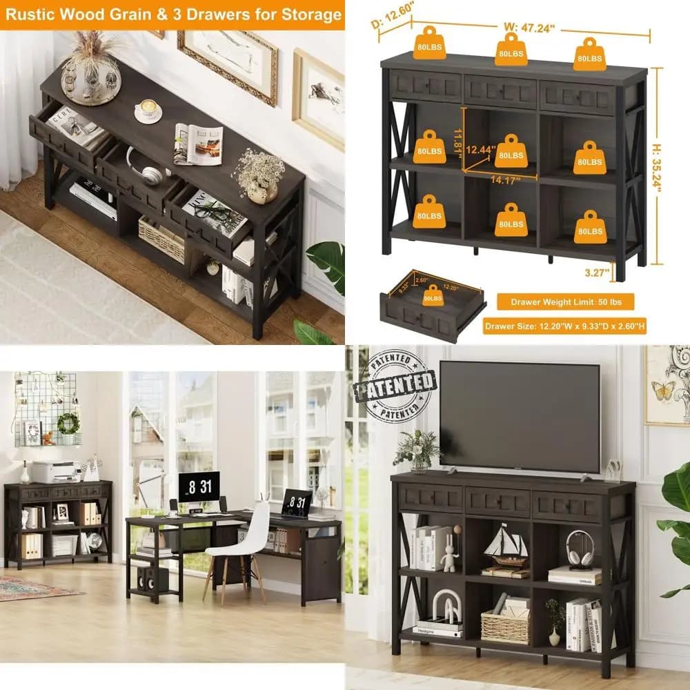 6 Cubic Organizer Library with 3 Drawers, Low Horizontal Shelf for Living, Industrial Wood and Metal Style