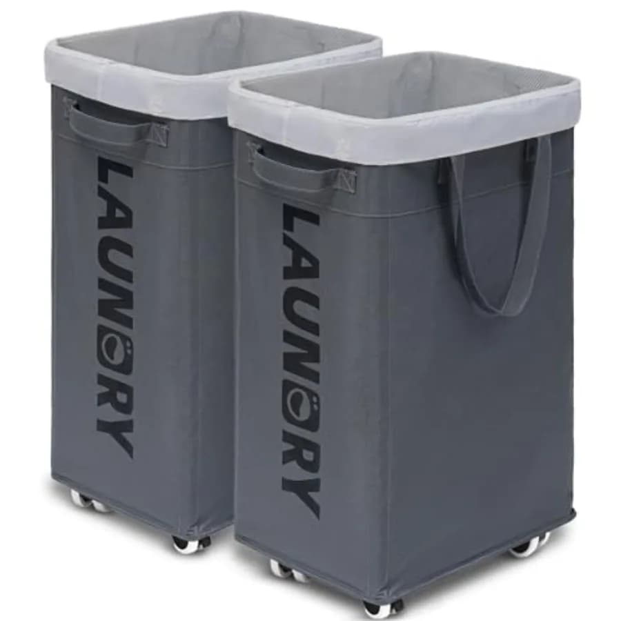 Basket with Wheels, Pack of 2, 75L, Foldable, with removable Washable Bags, for Angles and Sleepers, Grey