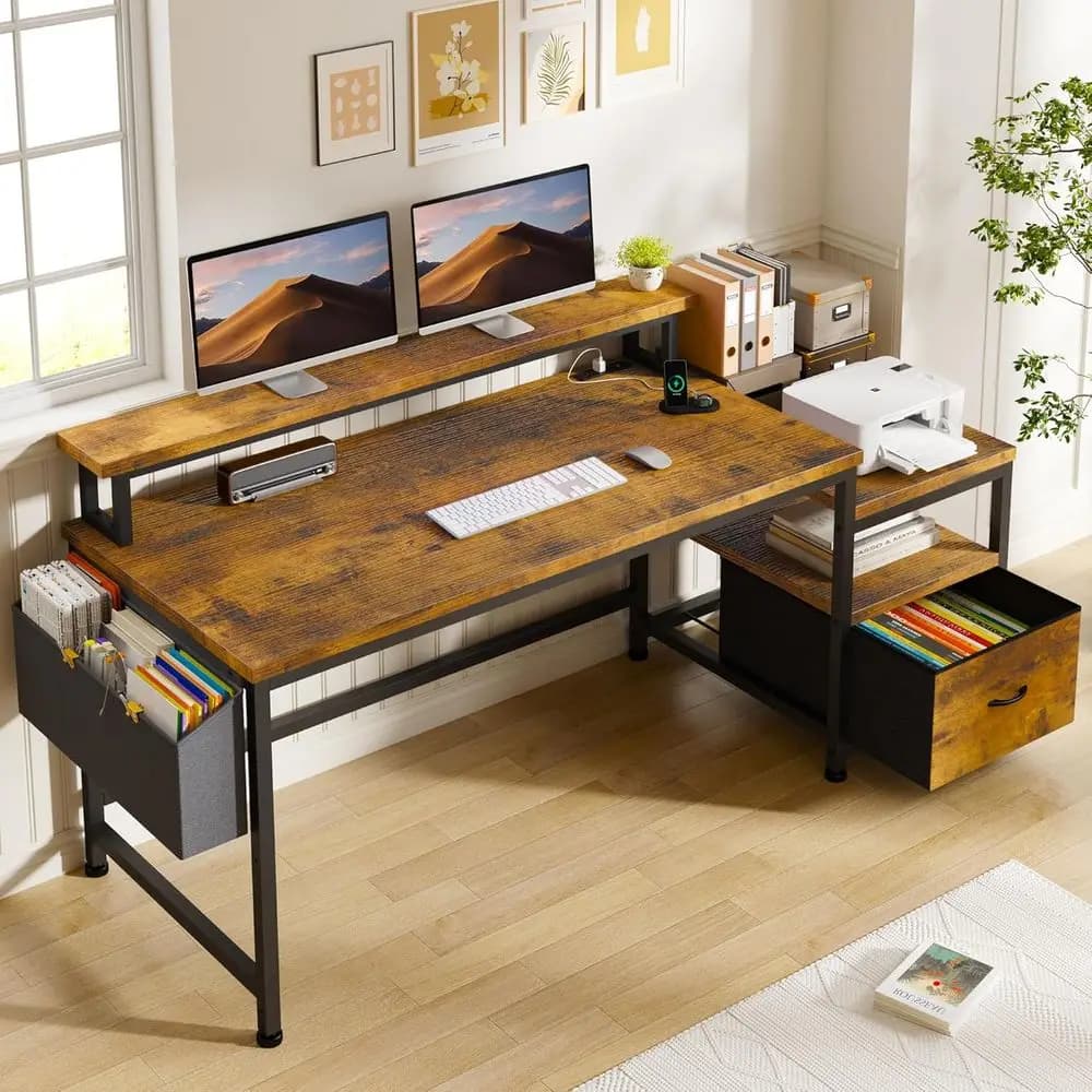 Rustic Brown 56.5 Office Desk with Drawers, Printer Space, Power Outlets, File Cabinet, and Shelves for Study and Gaming